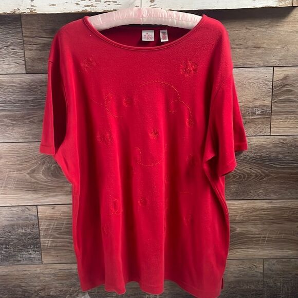 Wish For Joy Tops - Wish for Joy Red Embroidered Snowflakes Top Scoop Neck Top, Size 20/22W